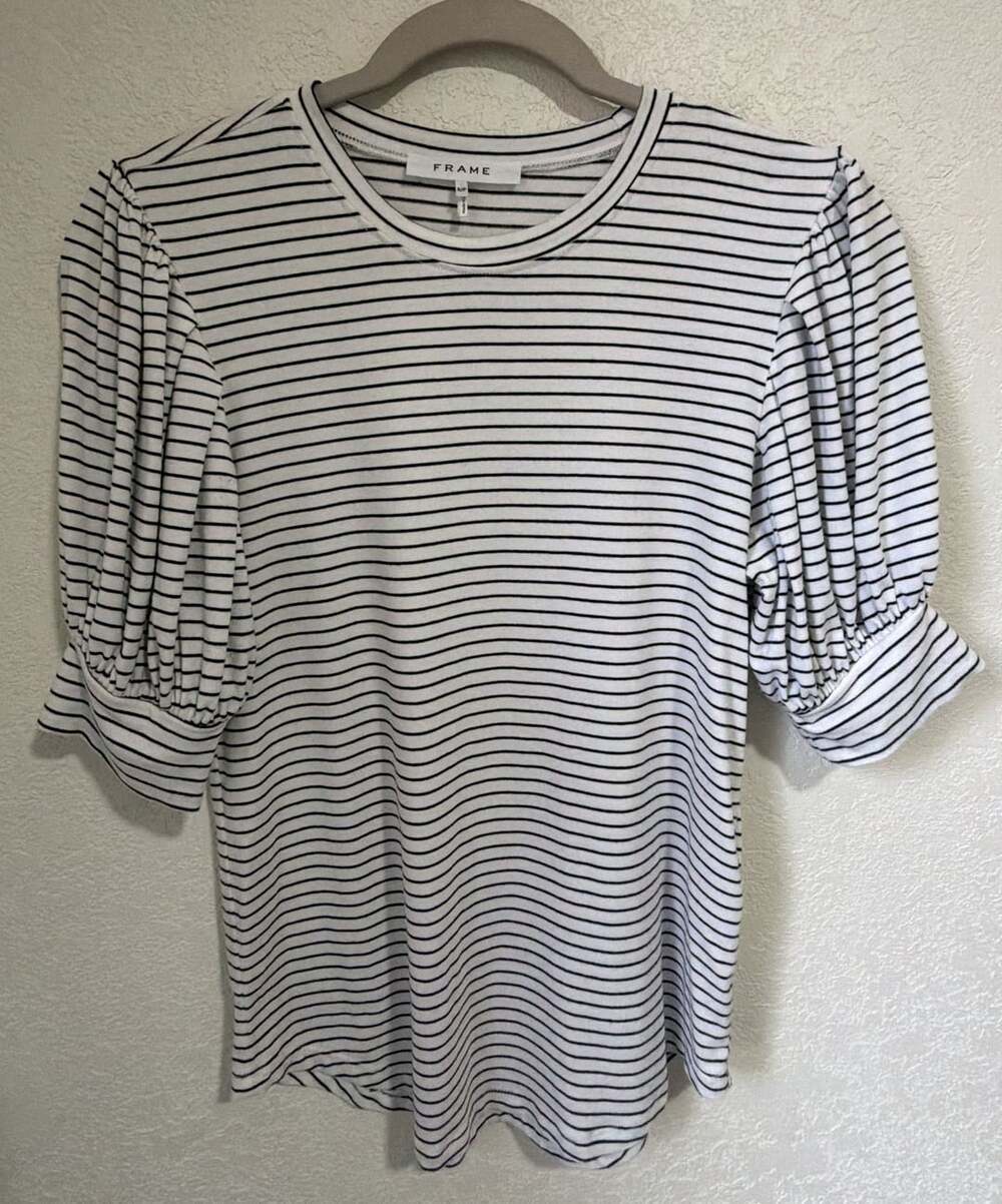 FRAME Balloon Sleeve Striped Tee Size S/P Black White